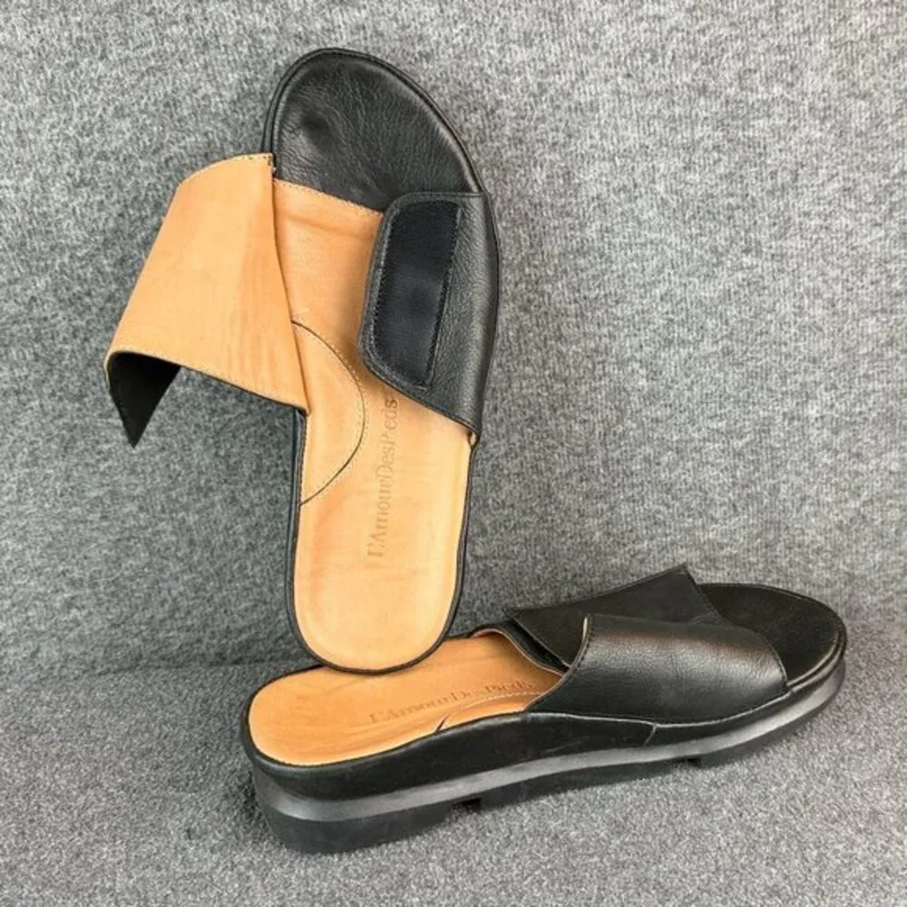 L’Amour Des Pieds Vester Black Leather Slide‎ Sandals Women’s 8M